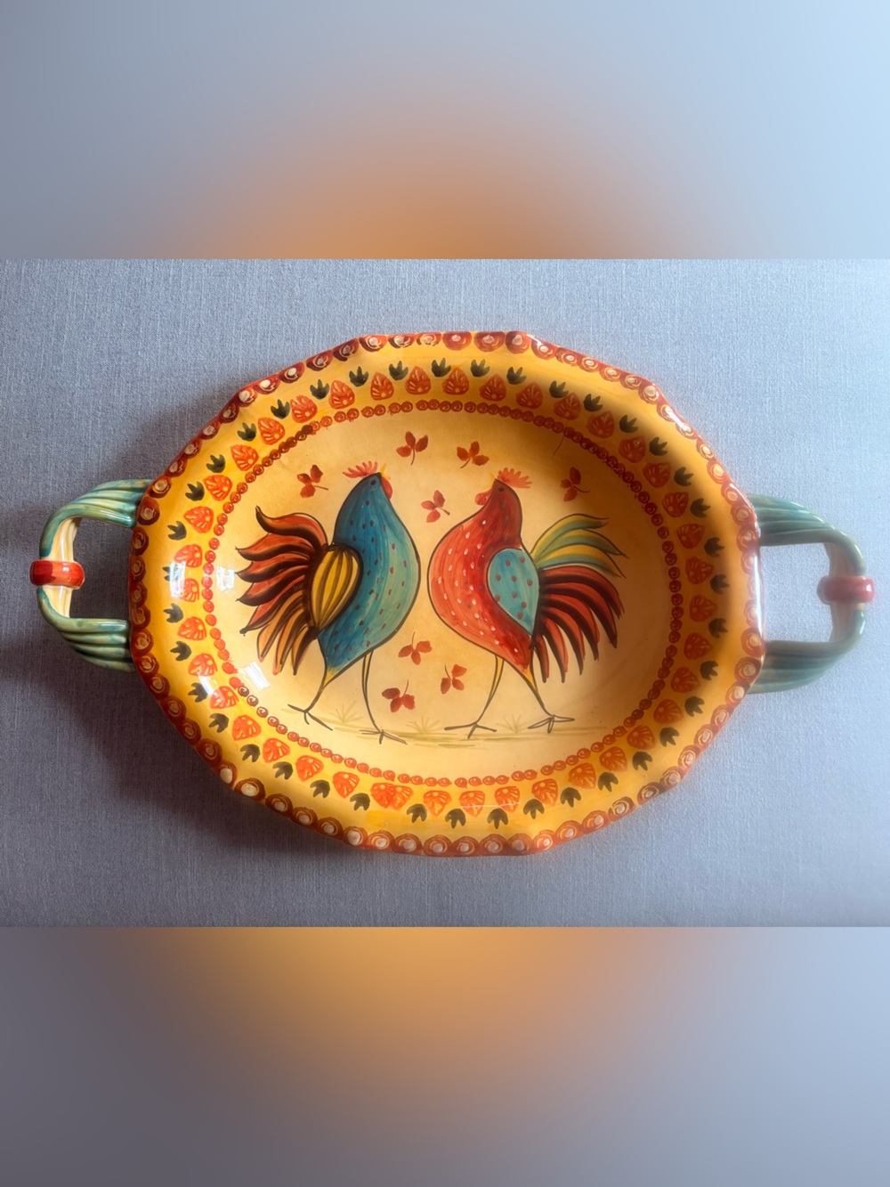 Neiman Marcus Ceramic platter with roosters. Rustic. Mediterranean or country.
